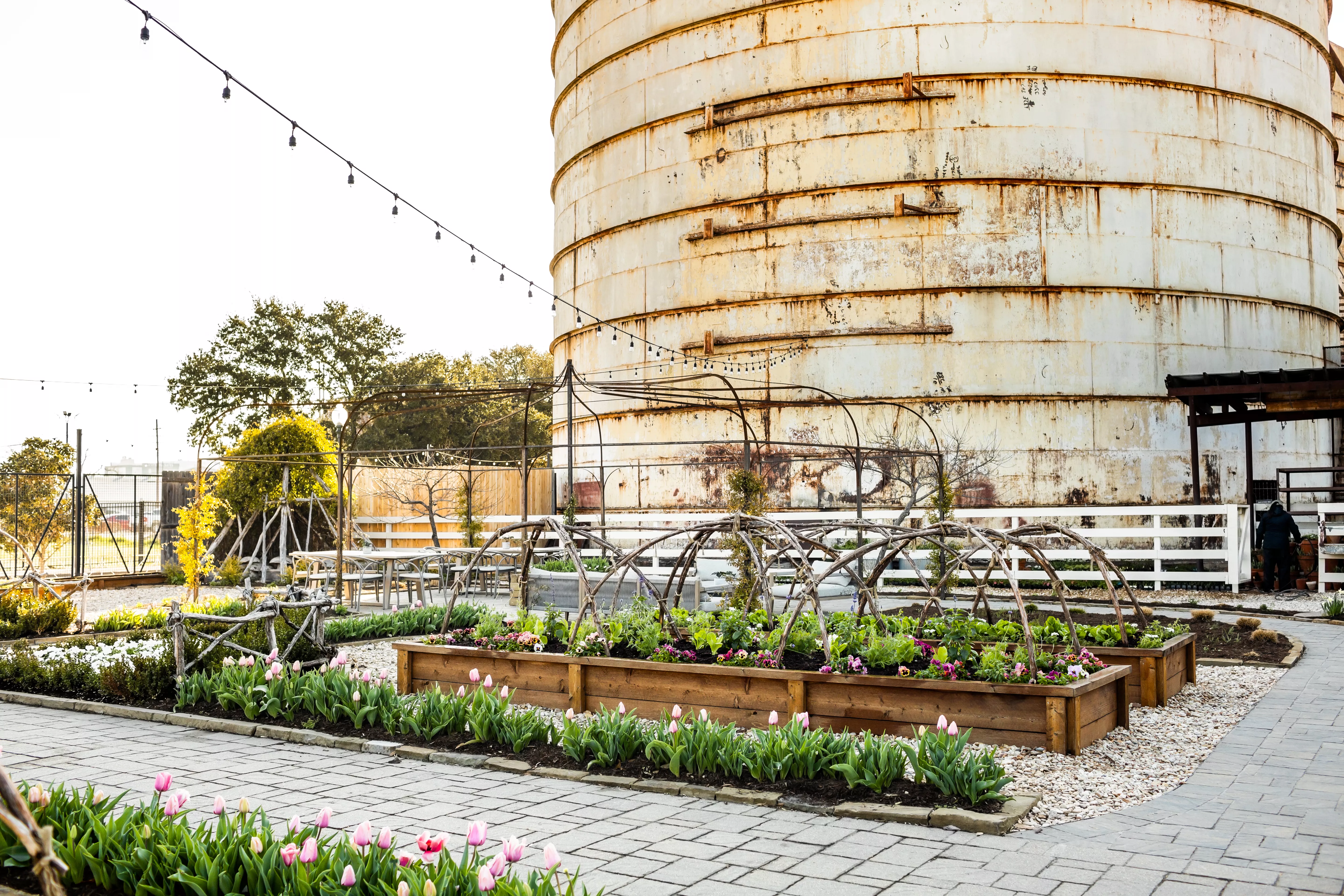 Vue d'ensemble du jardin de Magnolia devant les Silos