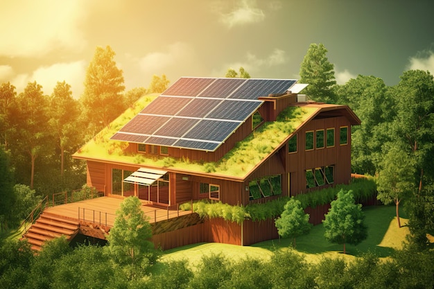 Maison verte à énergie renouvelable avec panneaux solaires photovoltaïques concept de maison écologique AI générative | Photo Premium