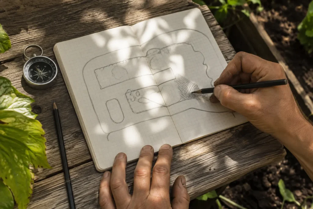 Une personne cartographie les zones de soleil et d’ombre de son jardin dans un carnet.