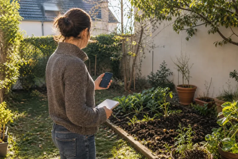Une jardinière observe le soleil et l’ombre avec une boussole et un carnet.
