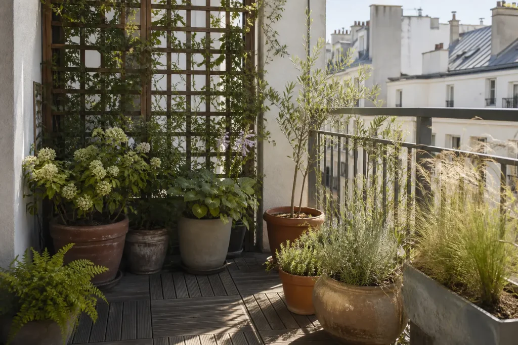 Un balcon présente un coin ensoleillé, un coin ombragé et des pots protégés par un treillis ajouré.