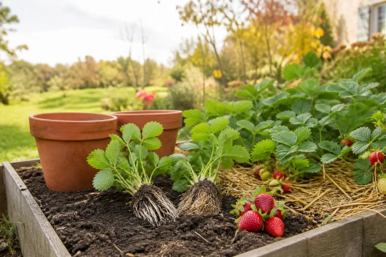 Fraisiers plantés en pleine terre et dans des pots en terre cuite.