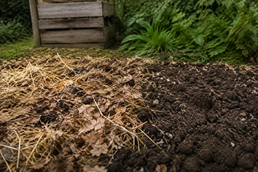 Paillage organique disposé sur une parcelle de jardin.