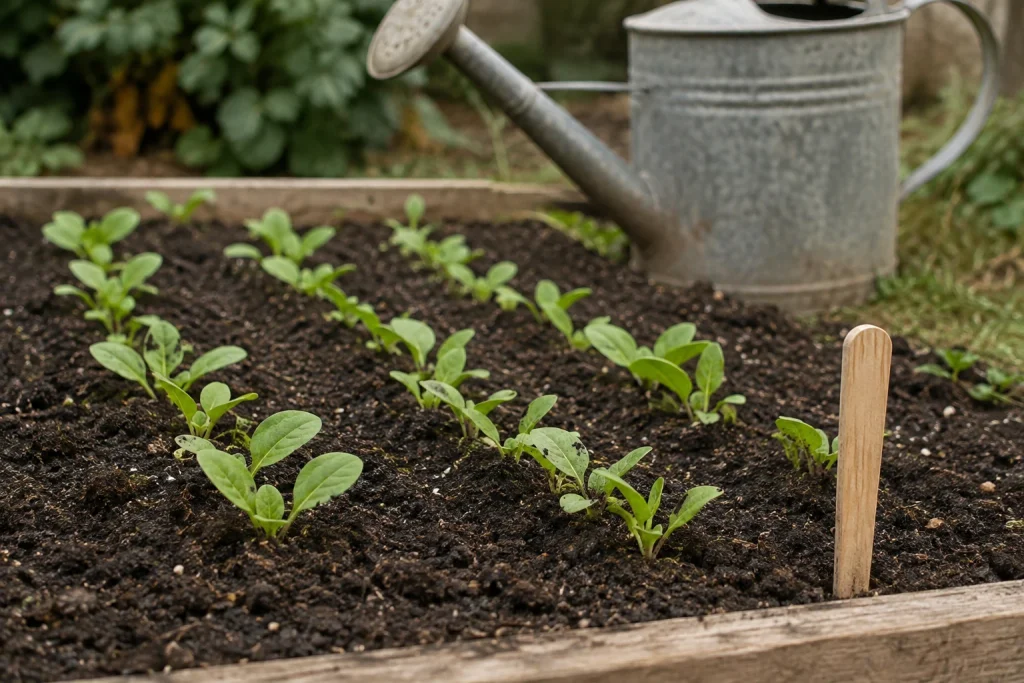 Geste de semis dans une terre préparée au potager.